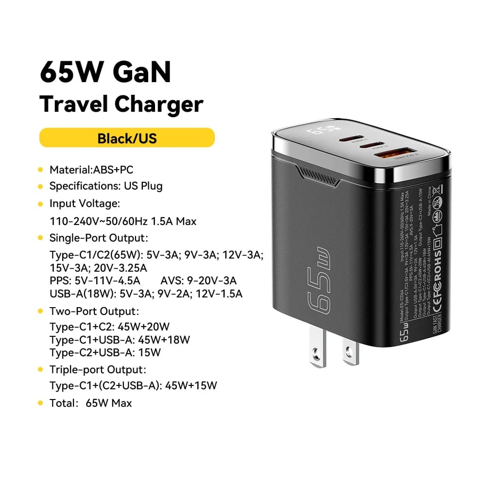 디지털 디스플레이 65W GaN USB-C 충전기