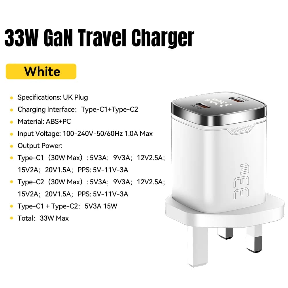 디스플레이가 있는 33W 듀얼 USB-C GaN 벽면 충전기