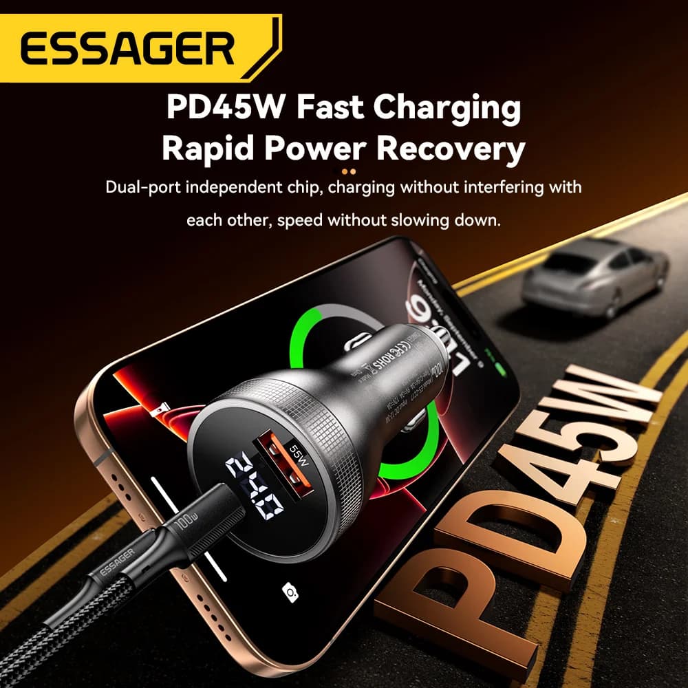 디지털 디스플레이가 장착된 100W USB-C 차량용 충전기