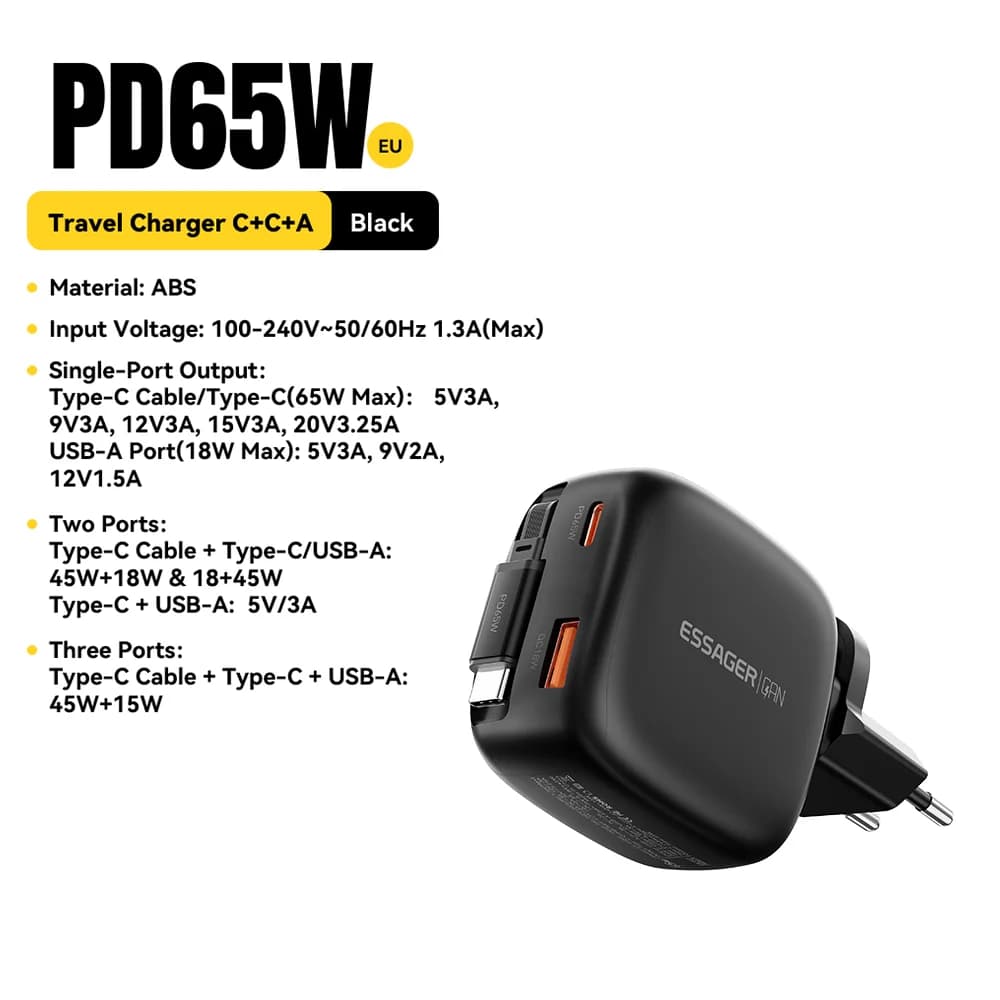 65W GaN 충전기 (리트랙터블 3-in-1 USB-C 케이블 포함)