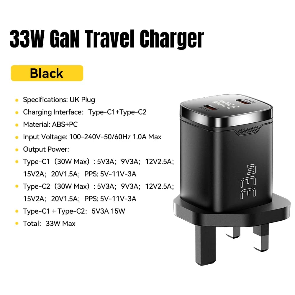 디스플레이가 있는 33W 듀얼 USB-C GaN 벽면 충전기