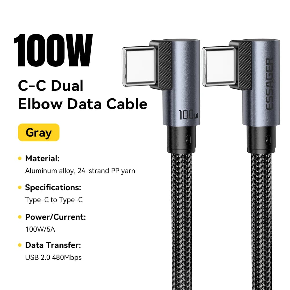 L자형 100W USB-C to USB-C 고속 충전 케이블