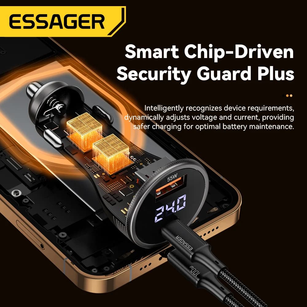 디지털 디스플레이가 장착된 100W USB-C 차량용 충전기