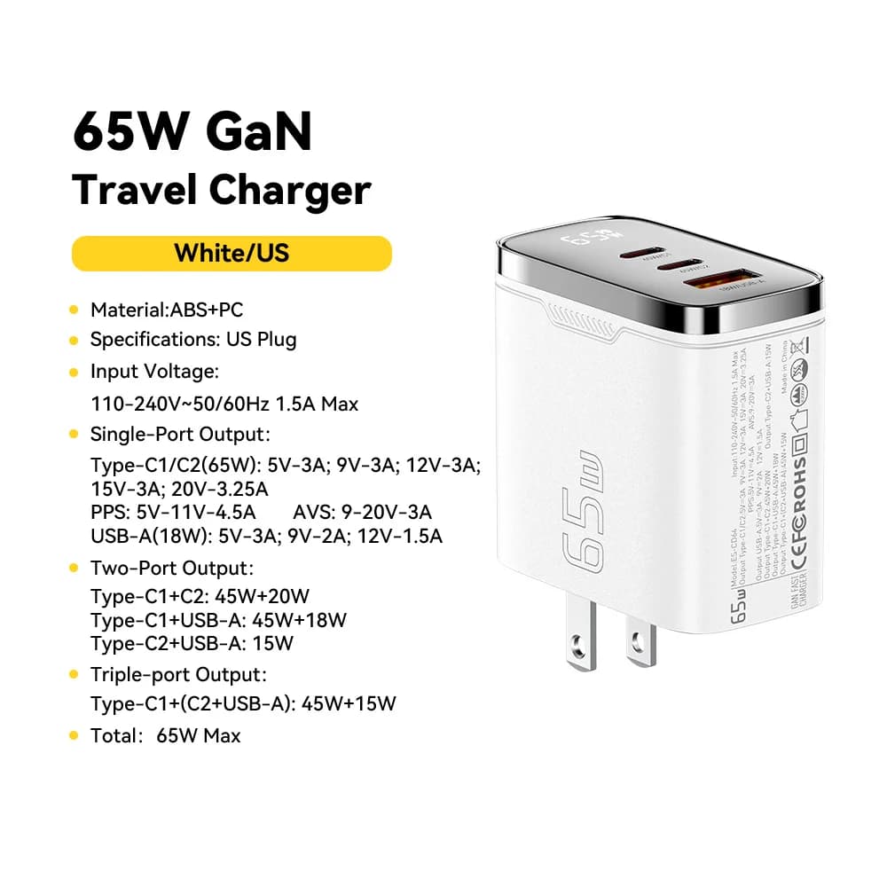 디지털 디스플레이 65W GaN USB-C 충전기